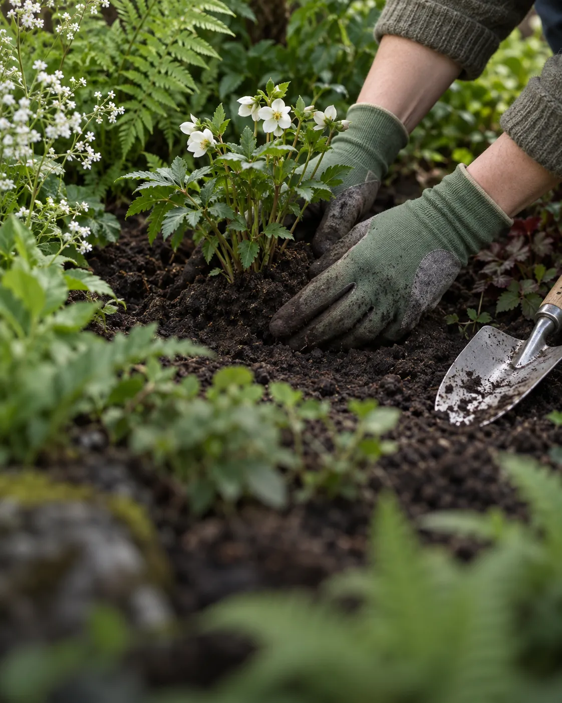 Handskbeklädda händer planterar en perenn i en rabatt. Inspirationsbild.