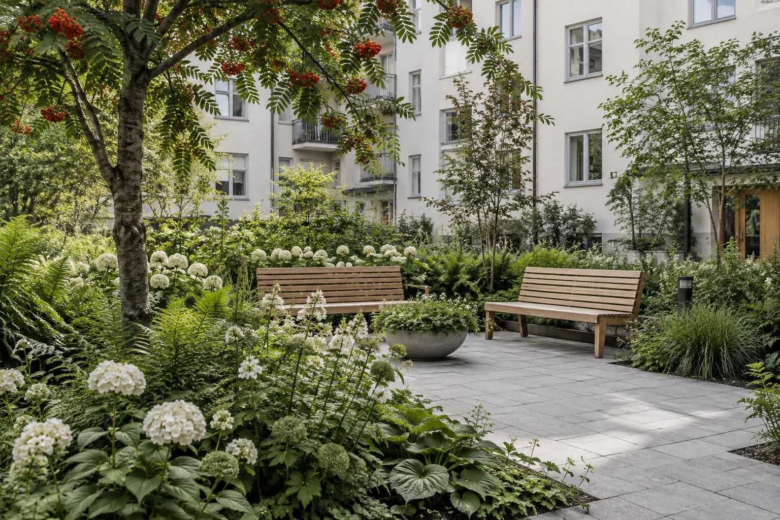 Grön bostadsgård med sittplatser och gemensamma planteringar. Inspirationsbild.