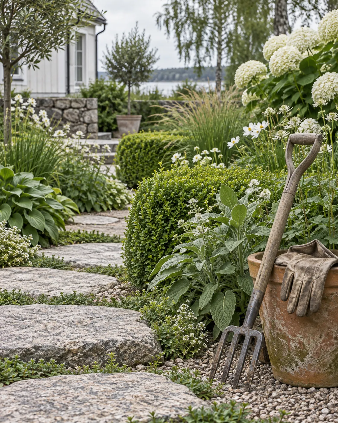 Gröna planteringar och trädgårdsredskap. Inspirationsbild.