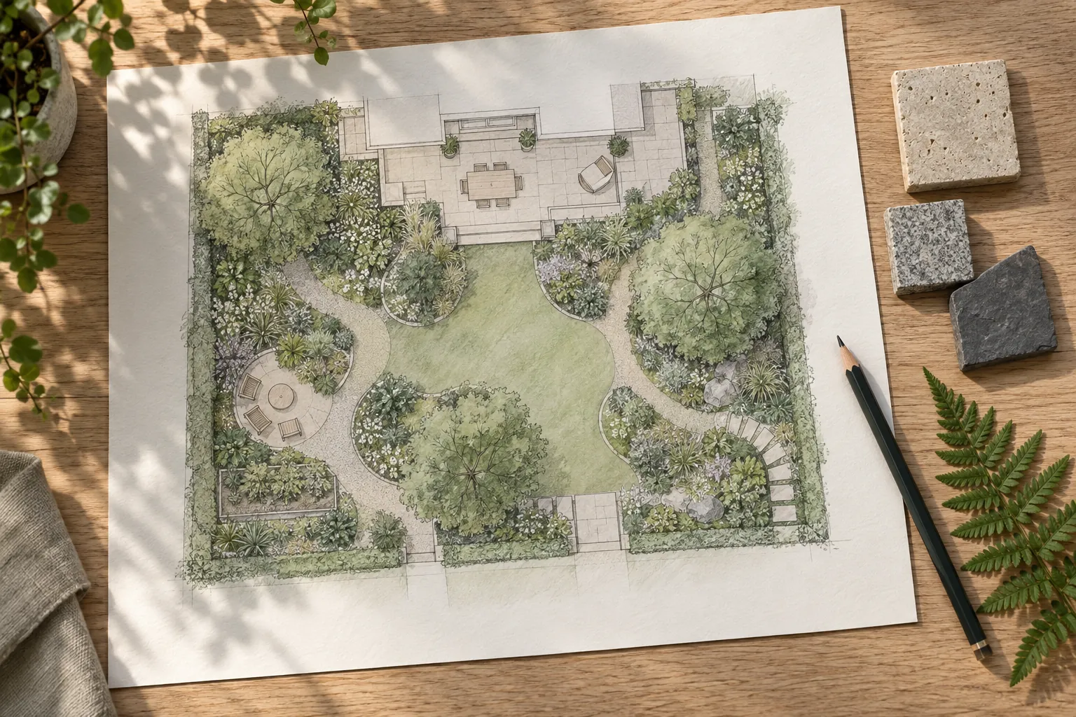 Illustrerad trädgårdsplan med växtformer, materialprover och en penna. Inspirationsbild.