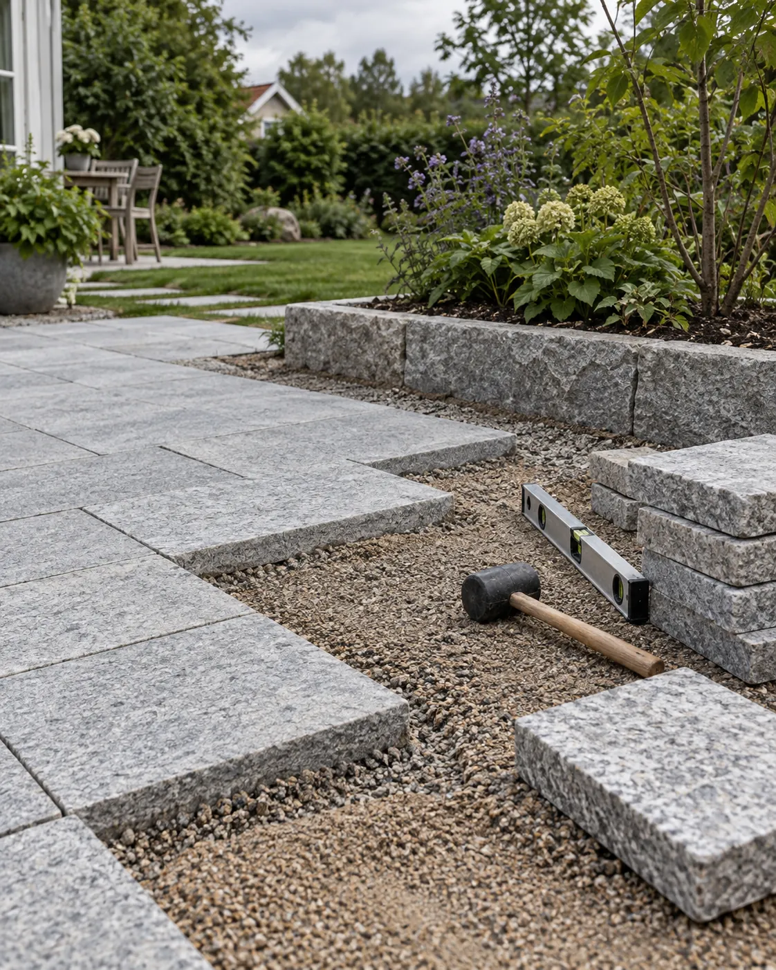 Pågående stenläggning med granit, grusbädd och handverktyg. Inspirationsbild.