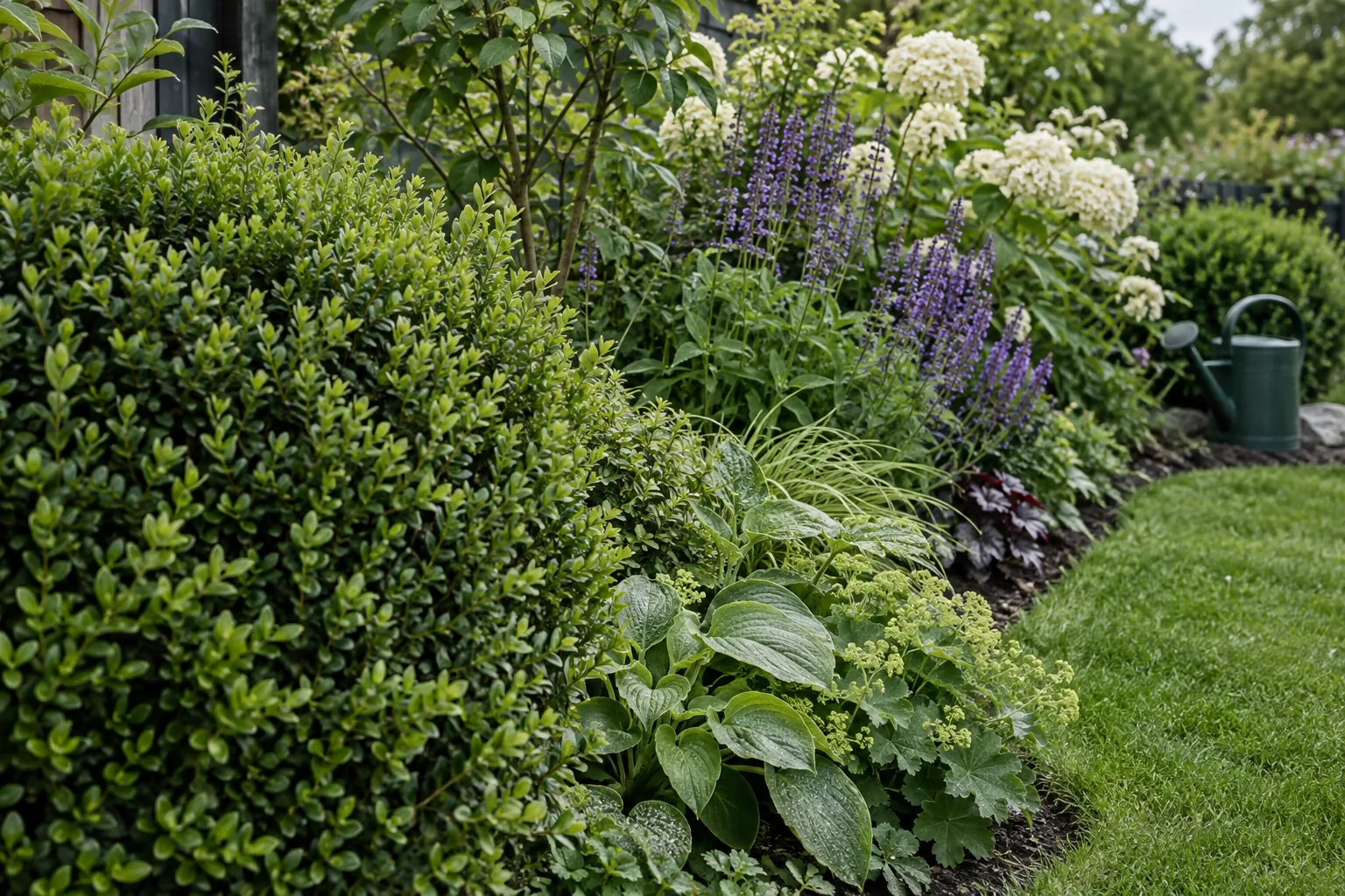 Klippta buskar och blommande perenner intill en gräsmatta. Inspirationsbild.