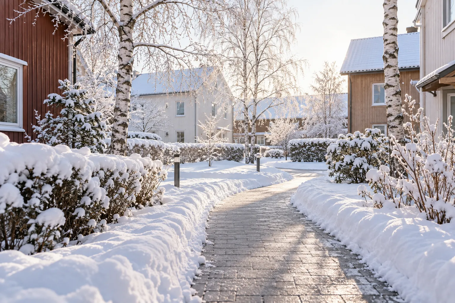 En röjd gång genom en snötäckt bostadsgård. Inspirationsbild.