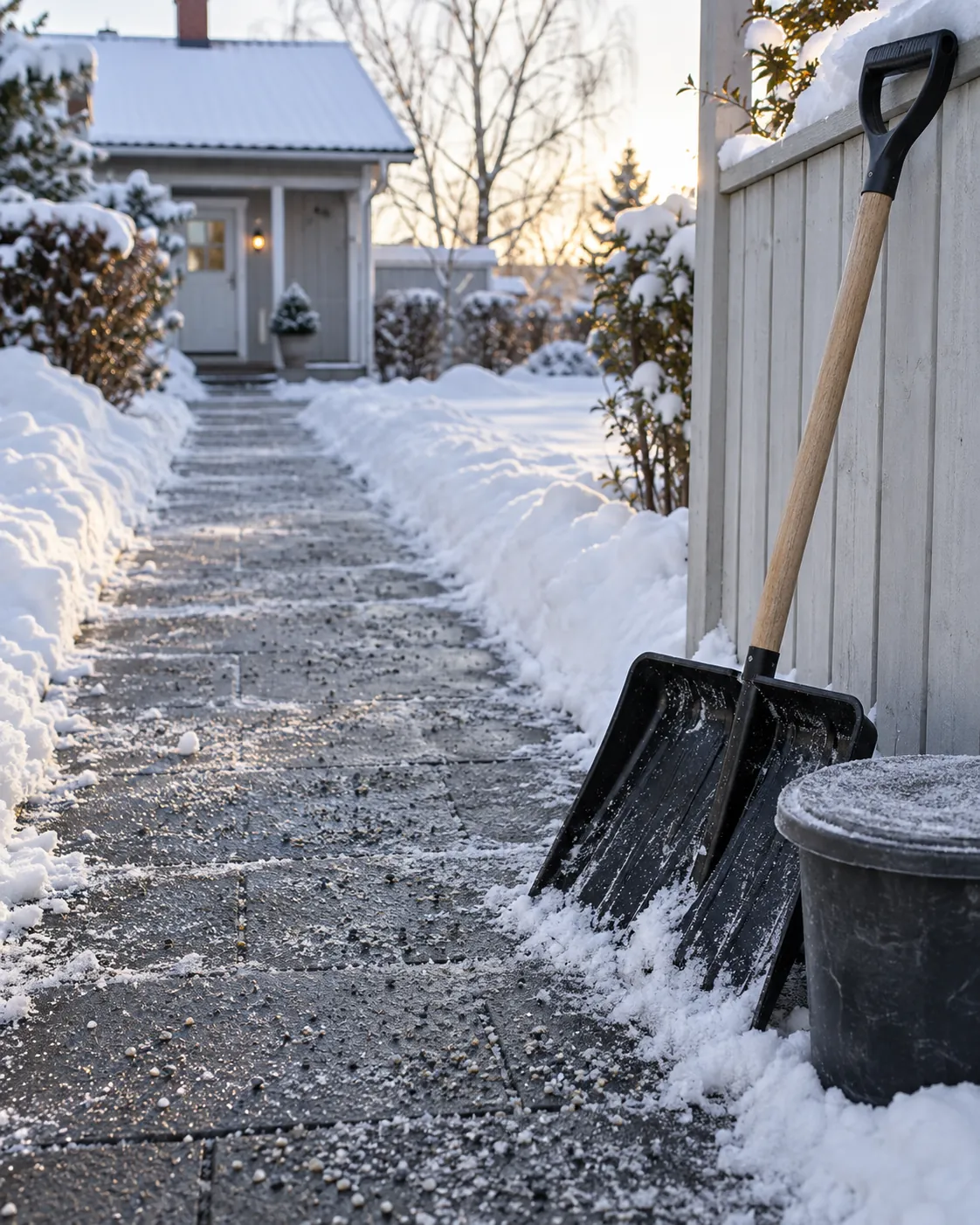 Snöröjd, grusad gång med snöskyffel vid ett trästaket. Inspirationsbild.