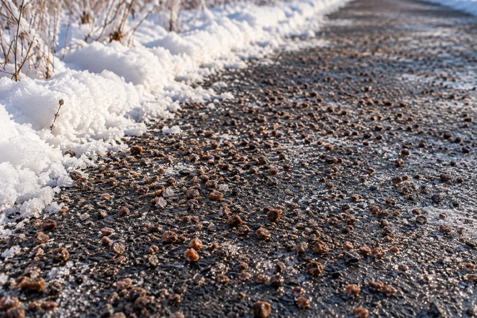 Närbild av halkbekämpningsgrus på en röjd gång vid en snövall. Inspirationsbild.